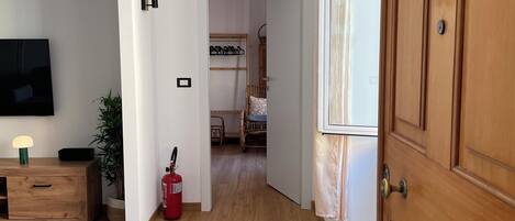 A hallway with a wooden floor, a fire extinguisher, a plant, and a television on a wooden cabinet.