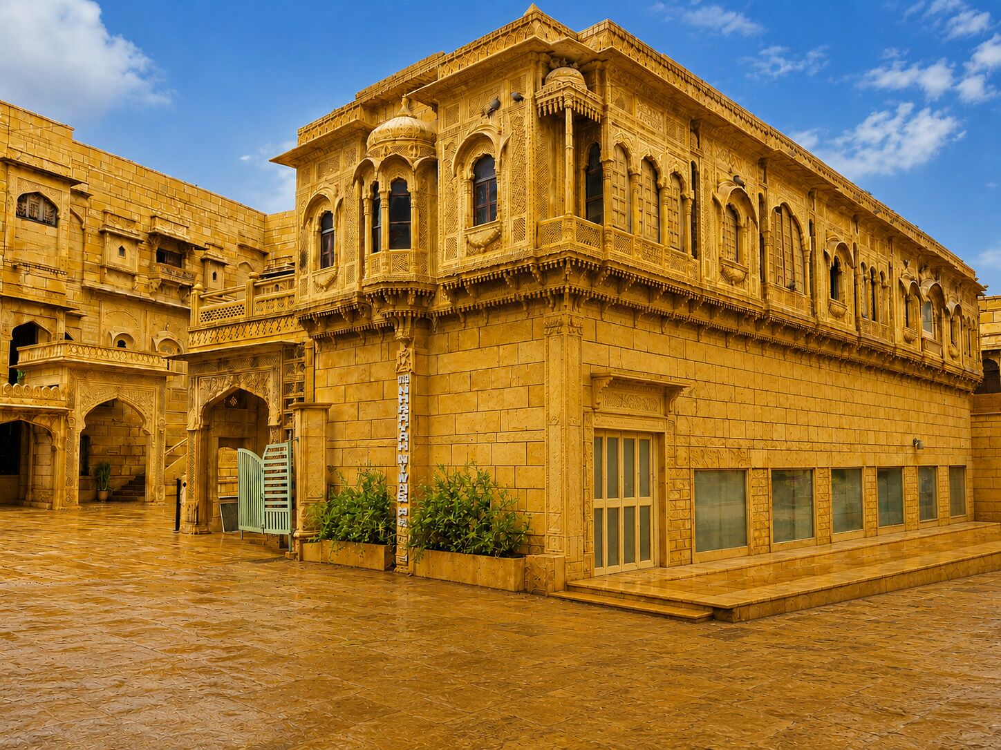 A historic building with intricate architectural details, including arched windows and decorative stonework.