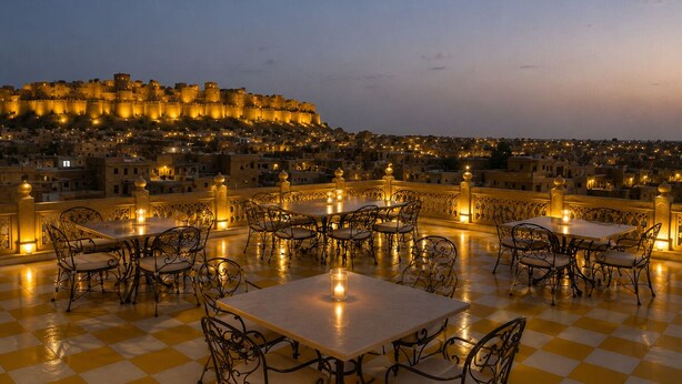 Terraza en la azotea con suelo a cuadros, mesas y sillas, con vistas a una ciudad amurallada histórica al anochecer.
