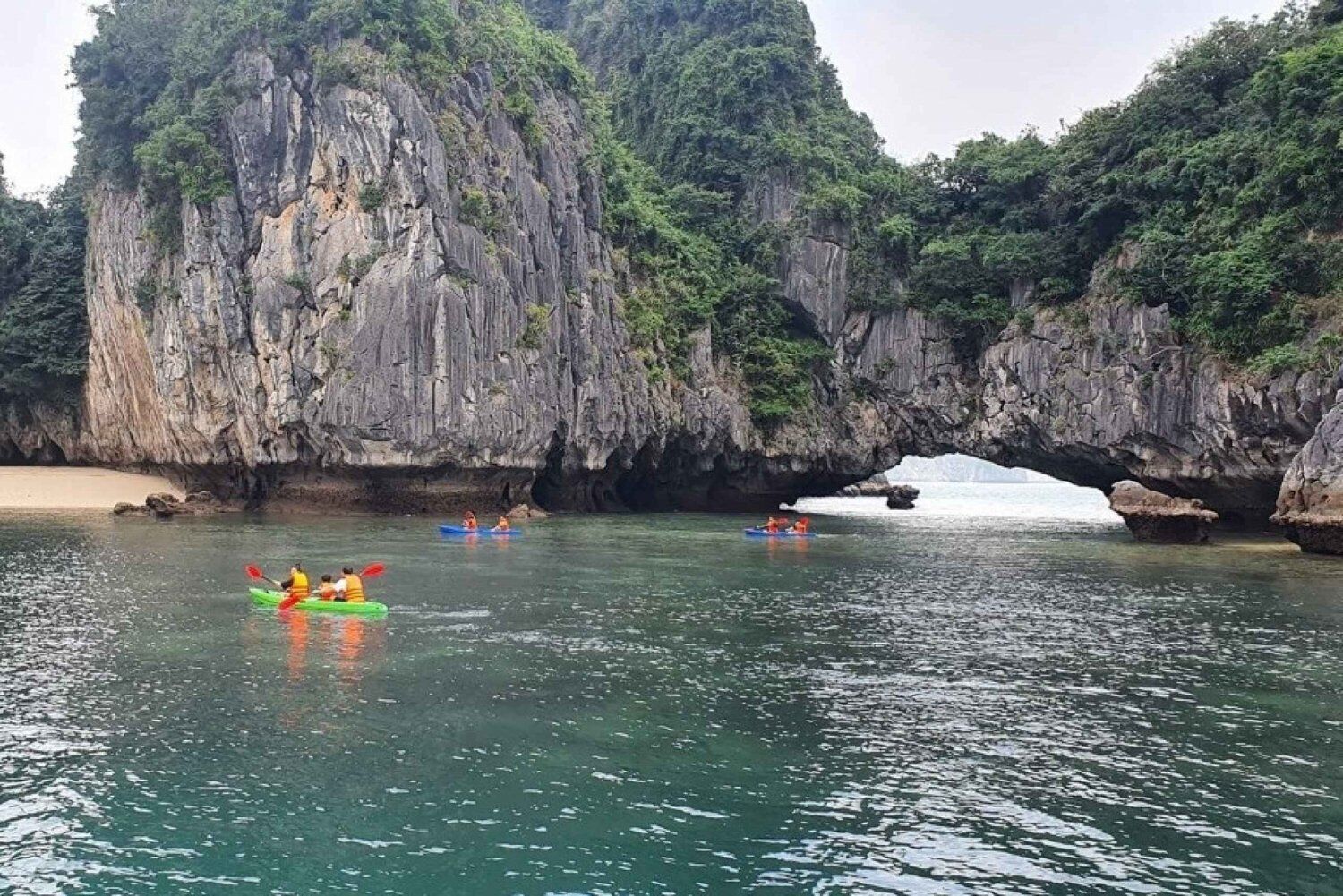 Un paysage côtier avec des kayaks sur une eau calme, entouré de falaises rocheuses et d’une végétation luxuriante.