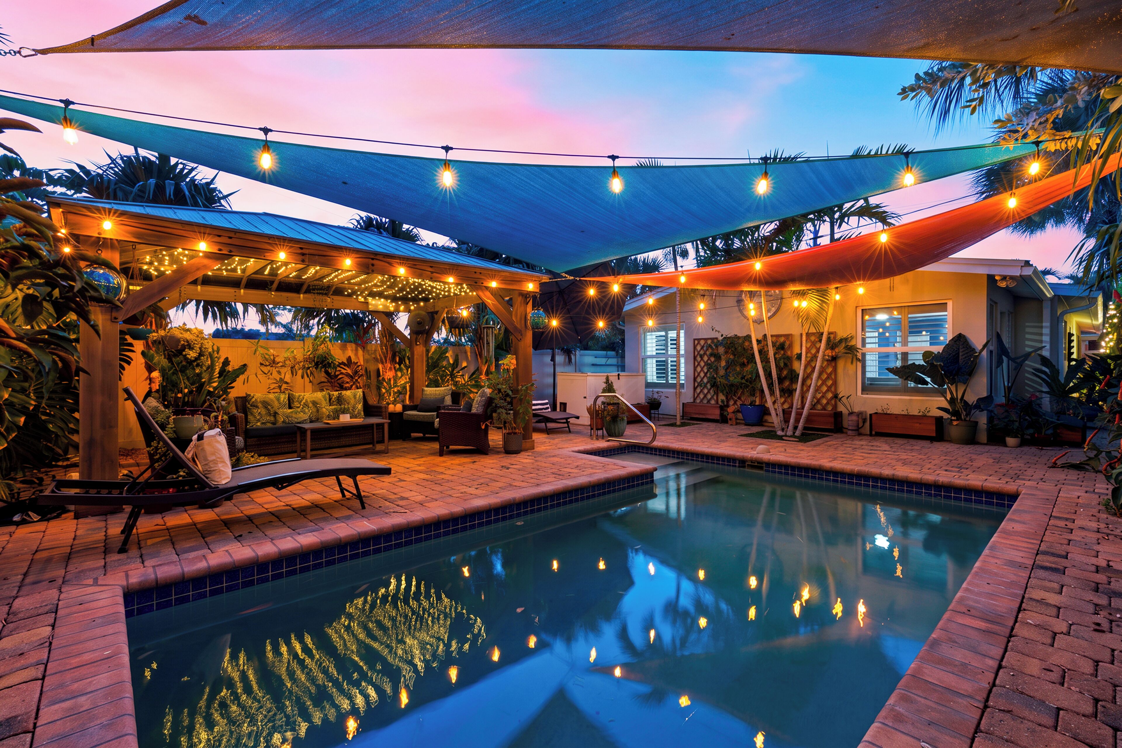 A pool area with a covered seating area, lounge chairs, and a pool with clear water.