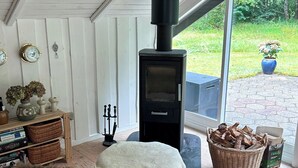Et hyggeligt rum med en brændeovn, en hund der hviler i en stol, og udsigt til naturen.