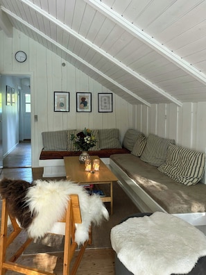 Ein gemütlicher Loftsitz mit hohen Decken, Holzboden, einer Couch mit gestreiften Kissen, einem Couchtisch mit Kerzen und einem Hund auf einem Stuhl.