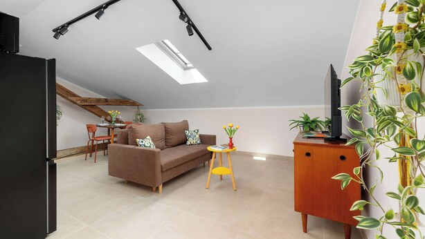 Uma sala de estar moderna com um sofá, uma mesinha de madeira, uma TV em um móvel de madeira e uma planta.