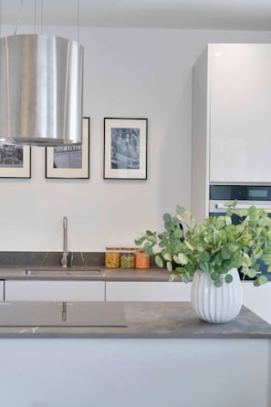 A modern kitchen with a stainless steel range hood, a white cabinet, and a potted plant on the counter. - Modern Apartment in City Centre (Edinburgh)