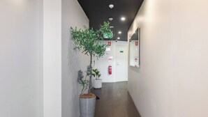 Een gang met een potplant, een brandblusser en een deur met een nooduitgangsbord.