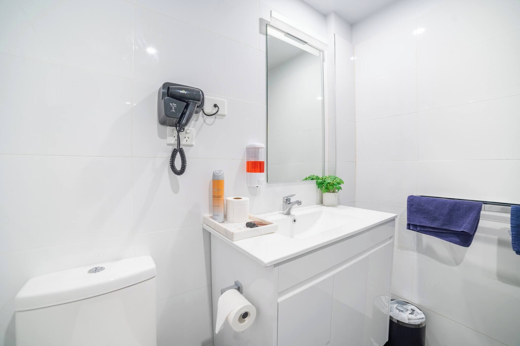 A bathroom with a toilet, sink, mirror, hairdryer, and a trash bin.