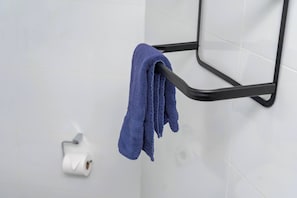 Shower, hair dryer, towels