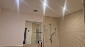 A modern bathroom with a glass shower enclosure, a mirror, and recessed ceiling lights.