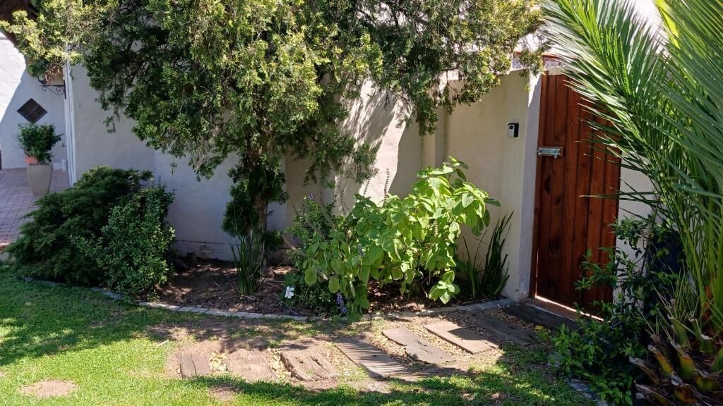 Un jardin avec une porte en bois, un chemin pavé et différentes espèces de plantes.