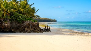 A beach with white sand, a palm tree, and a clear blue sky. - Private Beachfront Apartment with Ocean Views in Zanzibar (Zanzibar, Uroa)