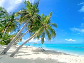 A beach with white sand, clear turquoise water, and palm trees.