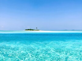 Una playa tropical con agua turquesa cristalina y una pequeña isla con vegetación.