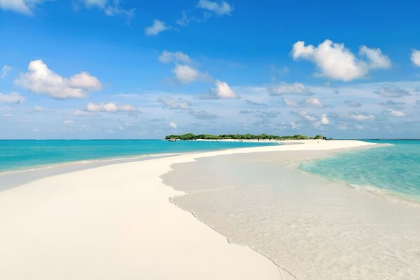 A pristine beach with clear turquoise waters and a white sandy shore.