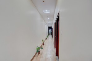 Un pasillo con paredes blancas, piso de madera y plantas en macetas.