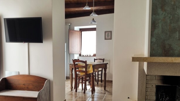Een woonkamer met een open haard, een eethoek met houten stoelen en een tafel, en een televisie aan de muur bevestigd.