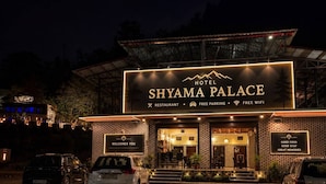 Entrada de un hotel con un cartel que dice 'SHYAMA PALACE HOTEL' y servicios que incluyen 'RESTAURANTE, ESTACIONAMIENTO GRATUITO, WIFI GRATIS'.