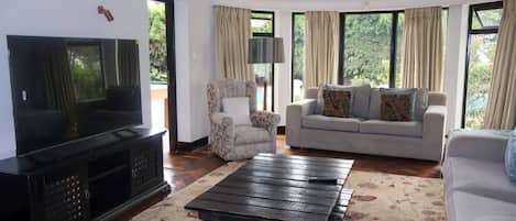 A living room with a television, two sofas, a patterned rug, and large windows.