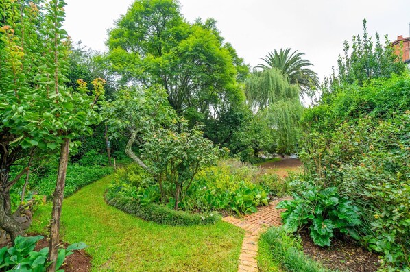 A lush garden with a curved brick pathway, various green plants, and trees.
