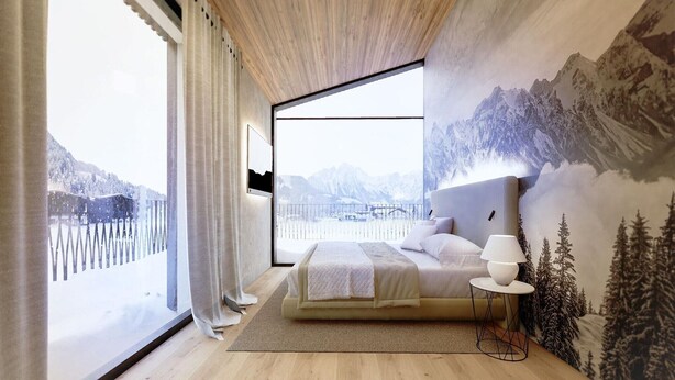 Ein Schlafzimmer mit großem Fenster, einem Bett, einem Nachttisch und einer Wandmalerei einer Berglandschaft.