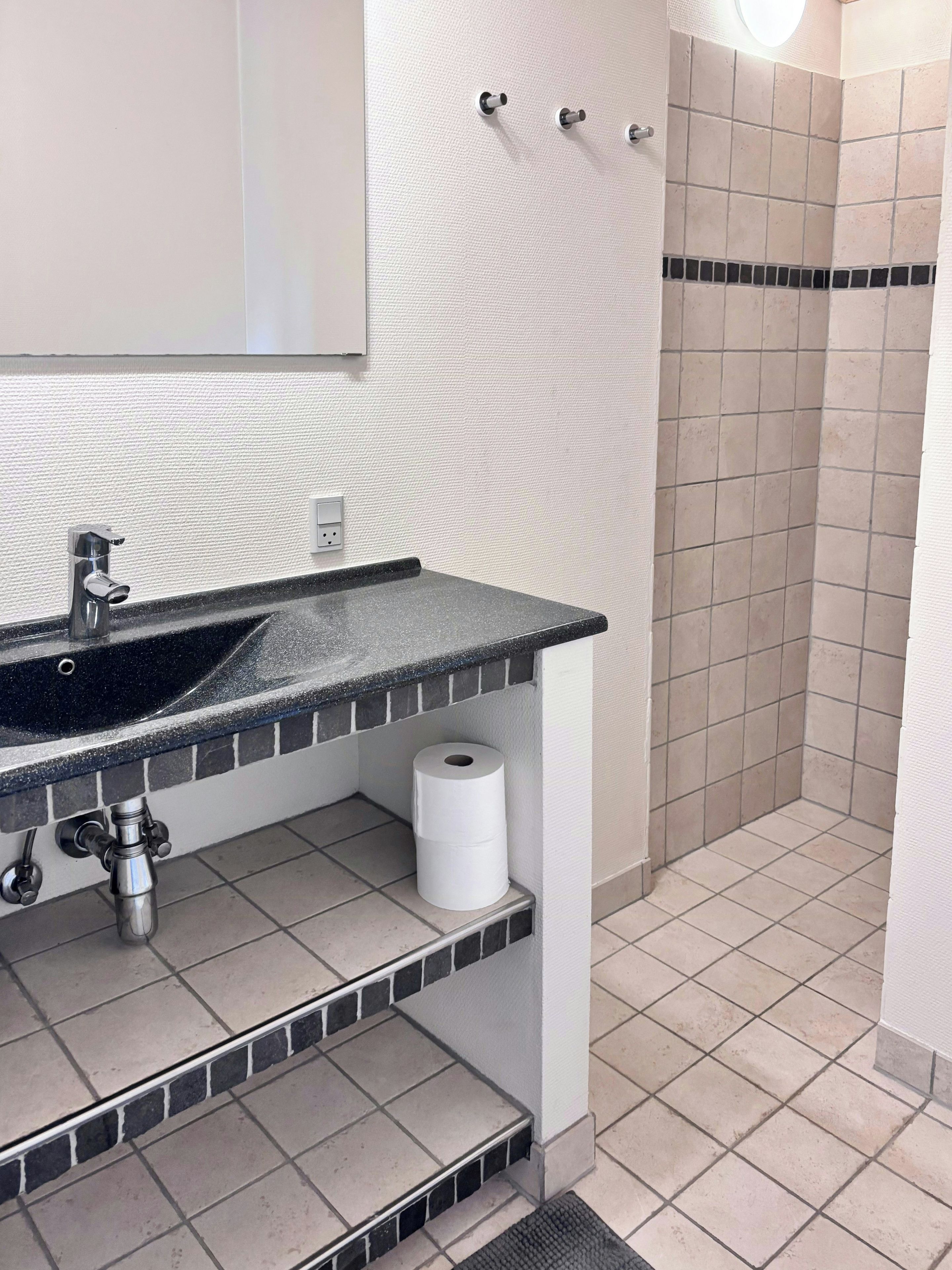 A bathroom with a sink, mirror, toilet paper holder, and tiled walls.
