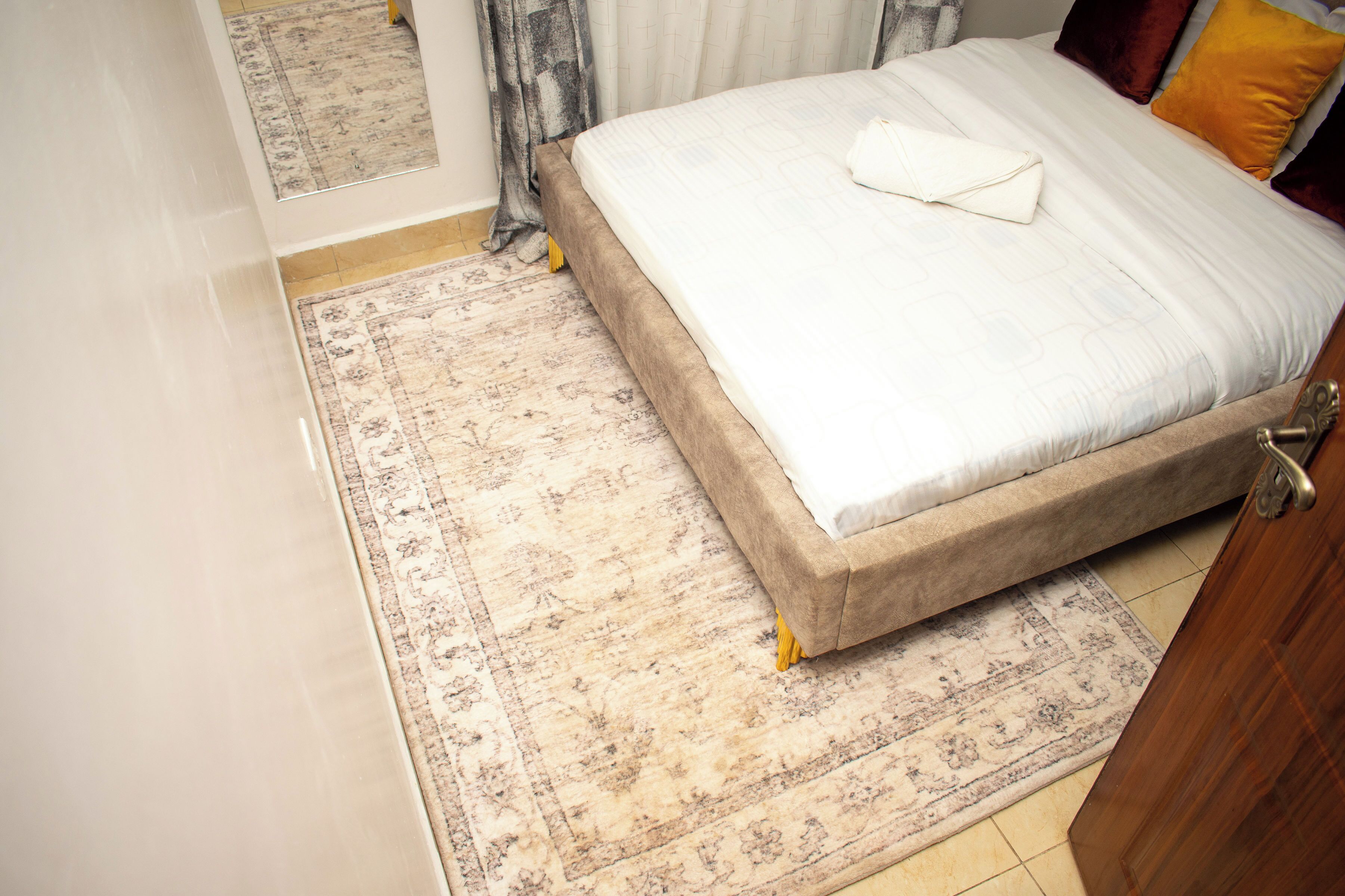 A bedroom with a bed, a rug, and a door.