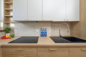 Uma cozinha moderna com um fogão por indução preto, uma pia de aço inoxidável e armários de madeira.