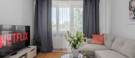 Classic Apartment, 2 Bedrooms, Courtyard View | Living area | 42-inch flat-screen TV with cable channels, Netflix, streaming services