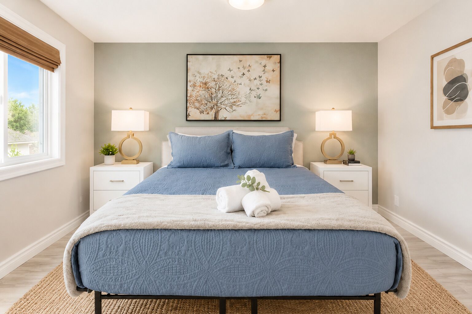 A bedroom with a large bed, two bedside tables, a window, and artwork on the walls.