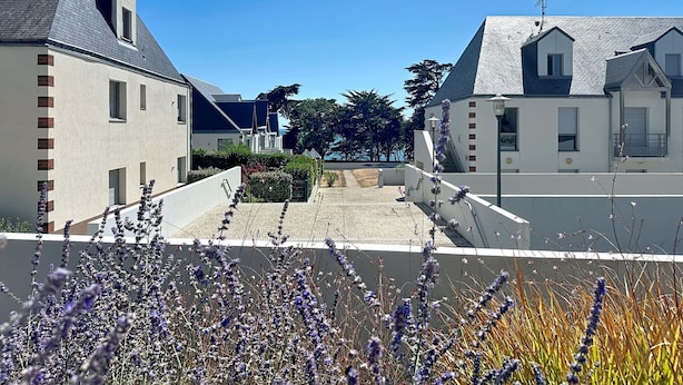 A residential area with modern houses, a clear sky, and a pathway leading to a gate. - Les Sylphes by Interhome (Pornic)