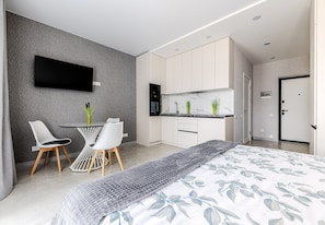 Studio tiện nghi đơn giản, ban công, quang cảnh thành phố | Màn/rèm cản sáng, bàn ủi/dụng cụ ủi quần áo 