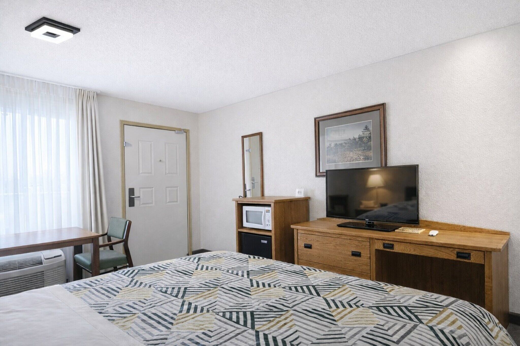 A hotel room with a bed, a desk, a chair, a television, a microwave, and a framed picture on the wall.