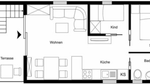 Un plan d’étage d’hôtel comprenant un salon, une cuisine, un balcon et une salle de bain.