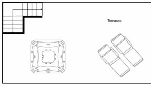 Un aménagement comprenant une terrasse, un espace salon et une piscine.