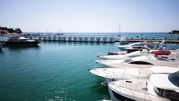 Un port de plaisance où sont amarrés différents types de bateaux, avec une eau calme et un ciel dégagé.