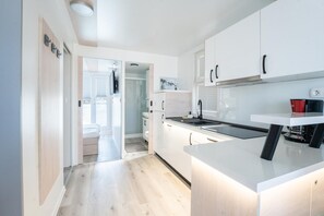 Eine moderne Küche mit weißen Schränken, einer schwarzen Arbeitsplatte und Blick ins Freie durch eine Tür.