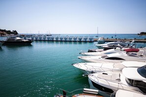 Un port de plaisance où sont amarrés différents types de bateaux, avec une eau calme et un ciel dégagé.