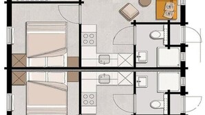 A floor plan of a hotel room with a kitchenette, a bathroom, a seating area with a sofa and a table, and a bed. - Holiday home in Hoogerheide with shared pool (Hoogerheide)