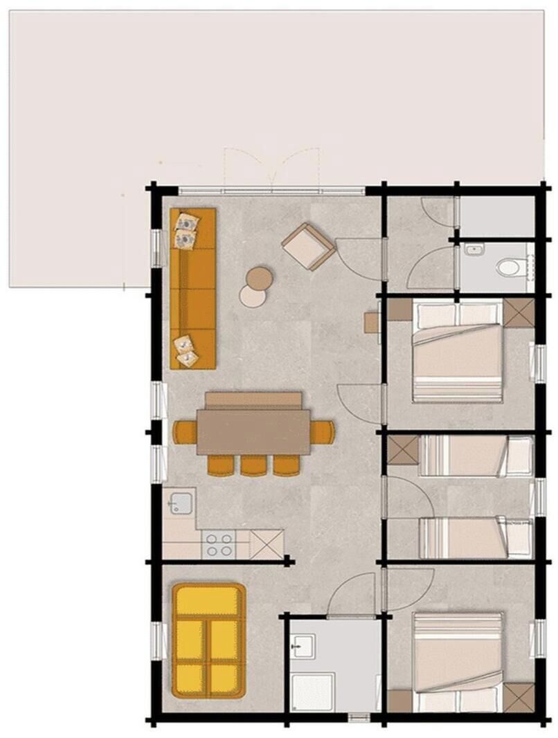 Ein Grundriss eines Hotelzimmers mit Bett, einer Sitzecke inklusive Sofa und Tisch, einem Badezimmer und einer Küchenzeile.