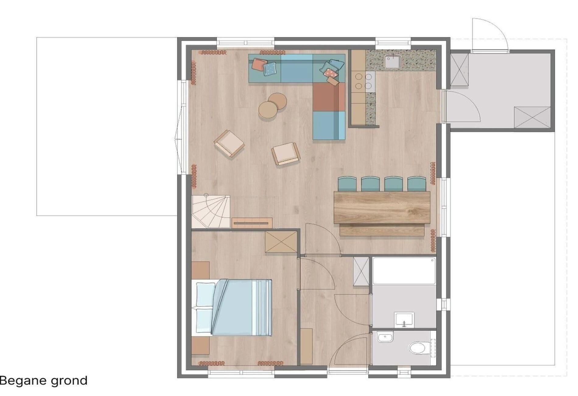 A floor plan of a hotel room with a bed, a seating area with a sofa and chairs, a small kitchen, and a bathroom.