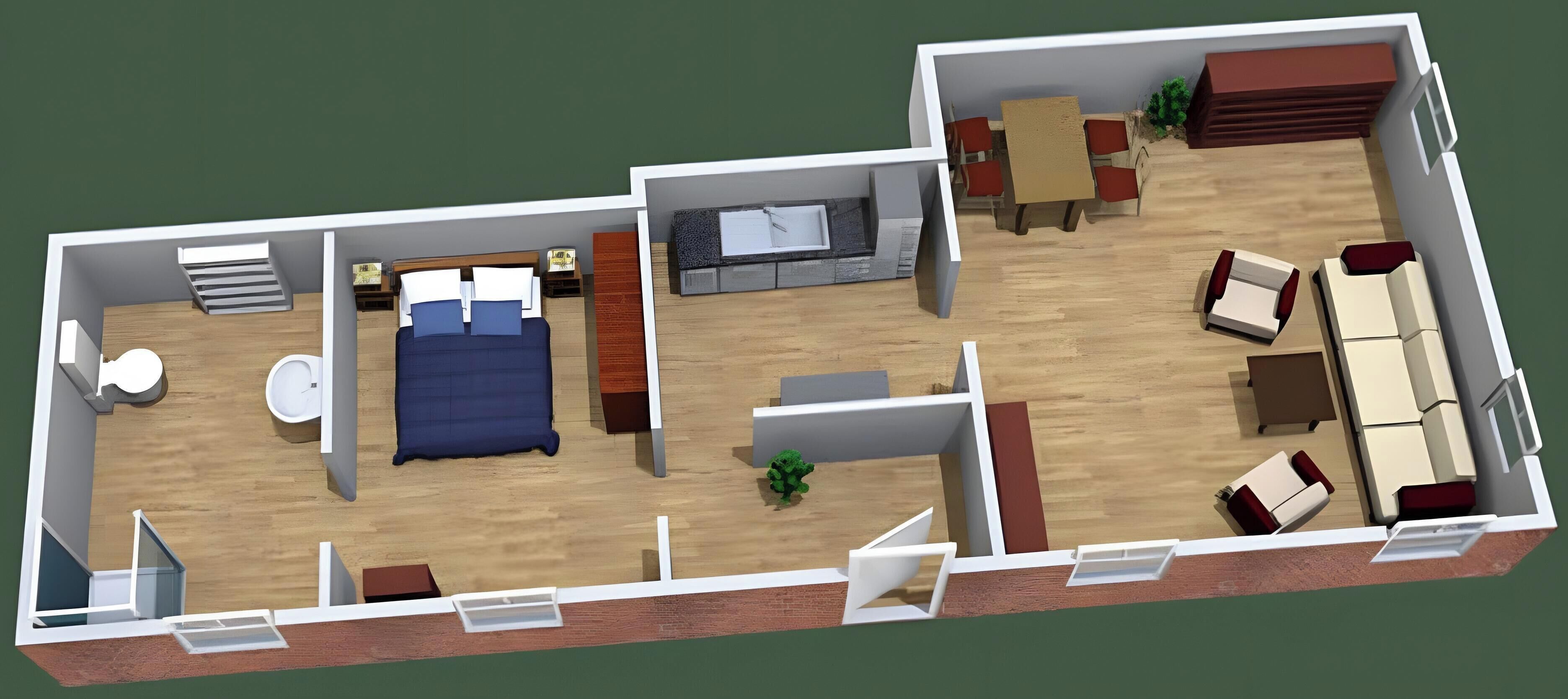 Ein 3D-Grundriss eines Hotelzimmers mit Bett, Nachttisch, Sessel und kleinem Schreibtisch mit Stuhl.