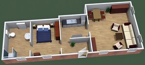 Et 3D-plans udstykning af et hotelværelse med seng, sengebord, stol og et lille skrivebord med stol.