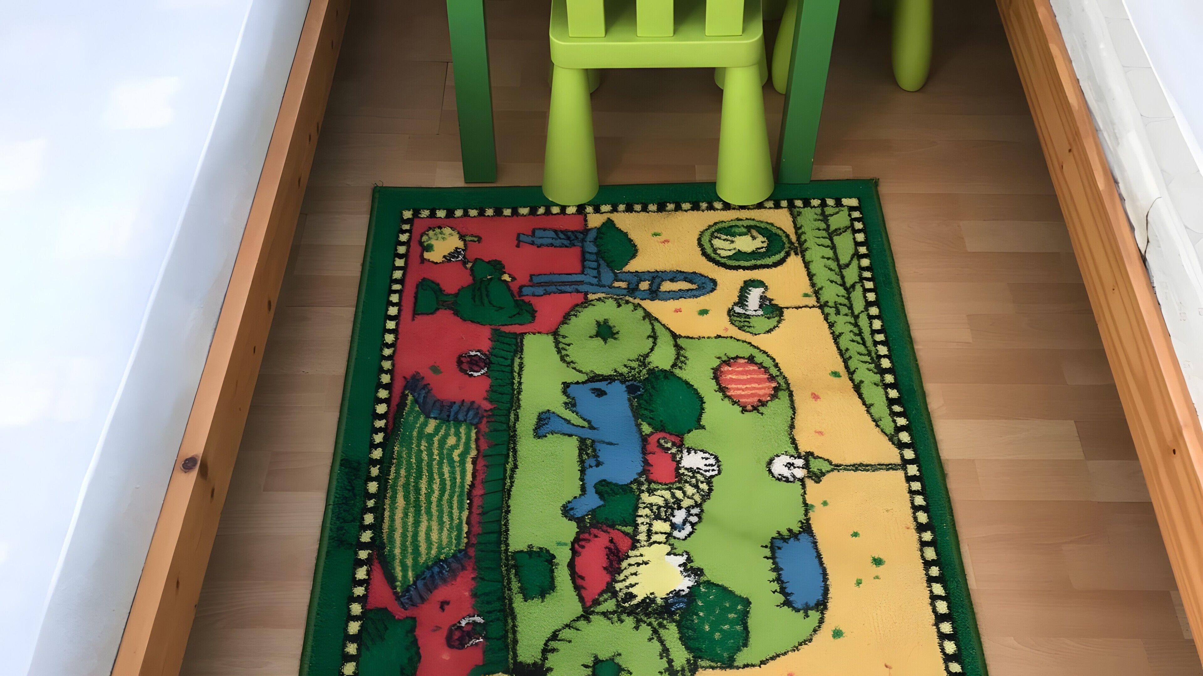 A wooden floor with a colorful rug featuring abstract designs.
