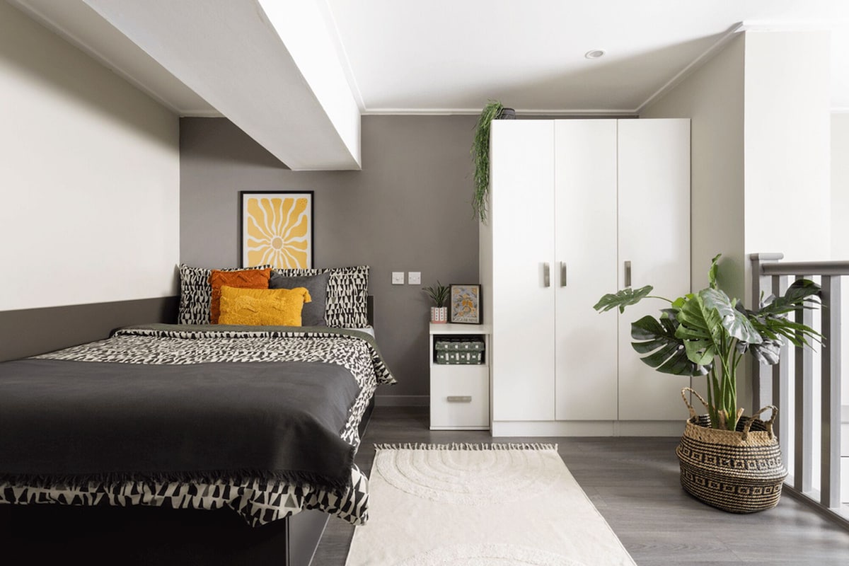 A modern bedroom with a bed, a wardrobe, a plant, and a window.