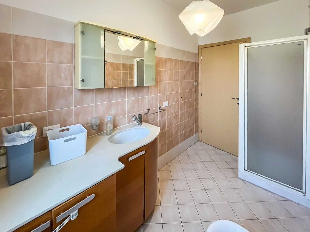 A bathroom with two sinks, a mirror, a trash bin, and a shower area.