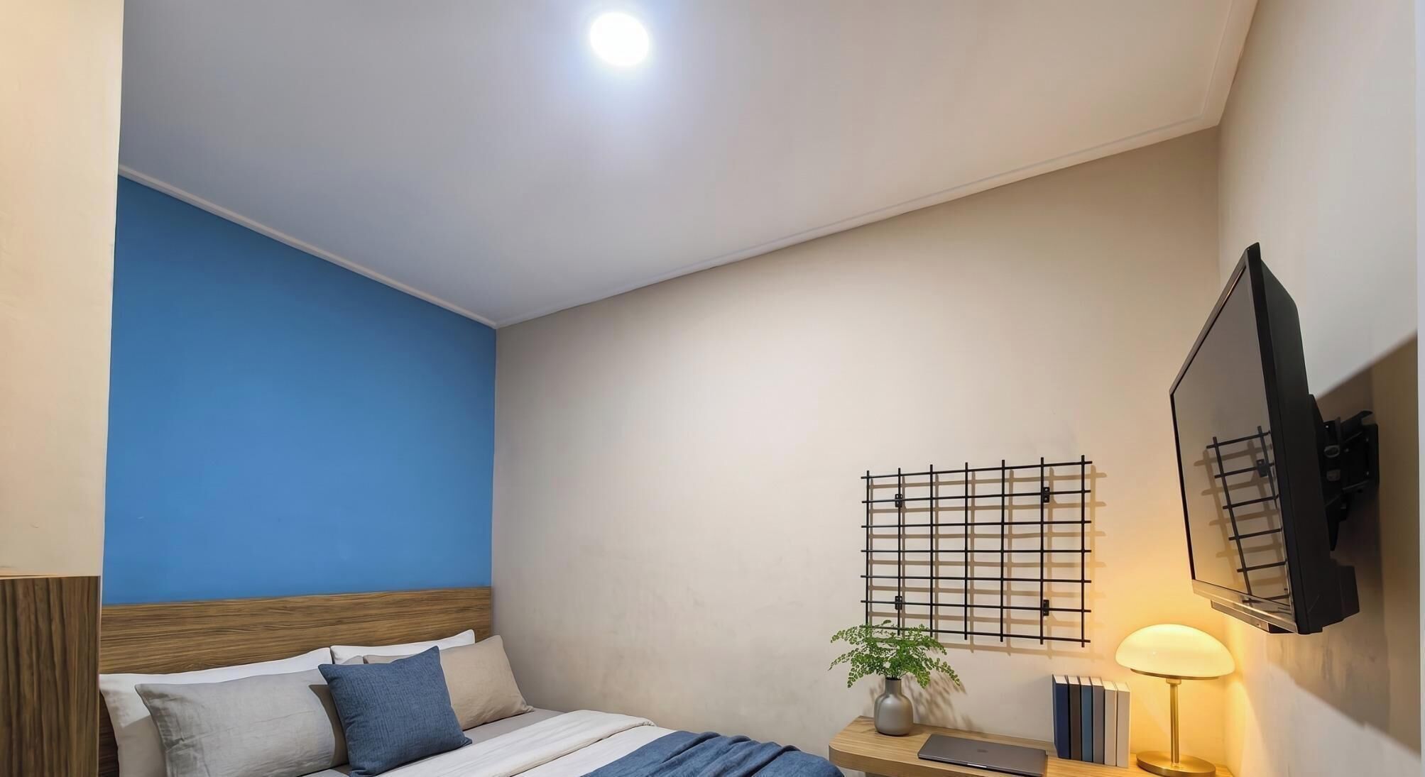 Une chambre à coucher avec un lit, un téléviseur fixé au mur, une table de chevet avec une lampe et une plante.