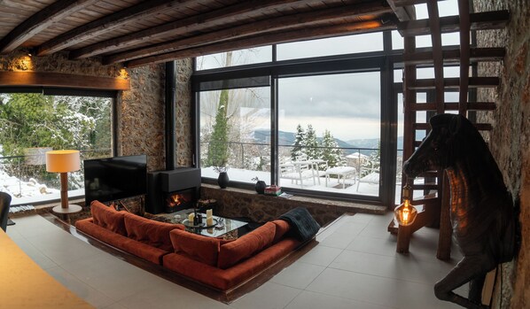 Heartbeat Villa One | Living area | 55-inch Smart TV with satellite channels, fireplace