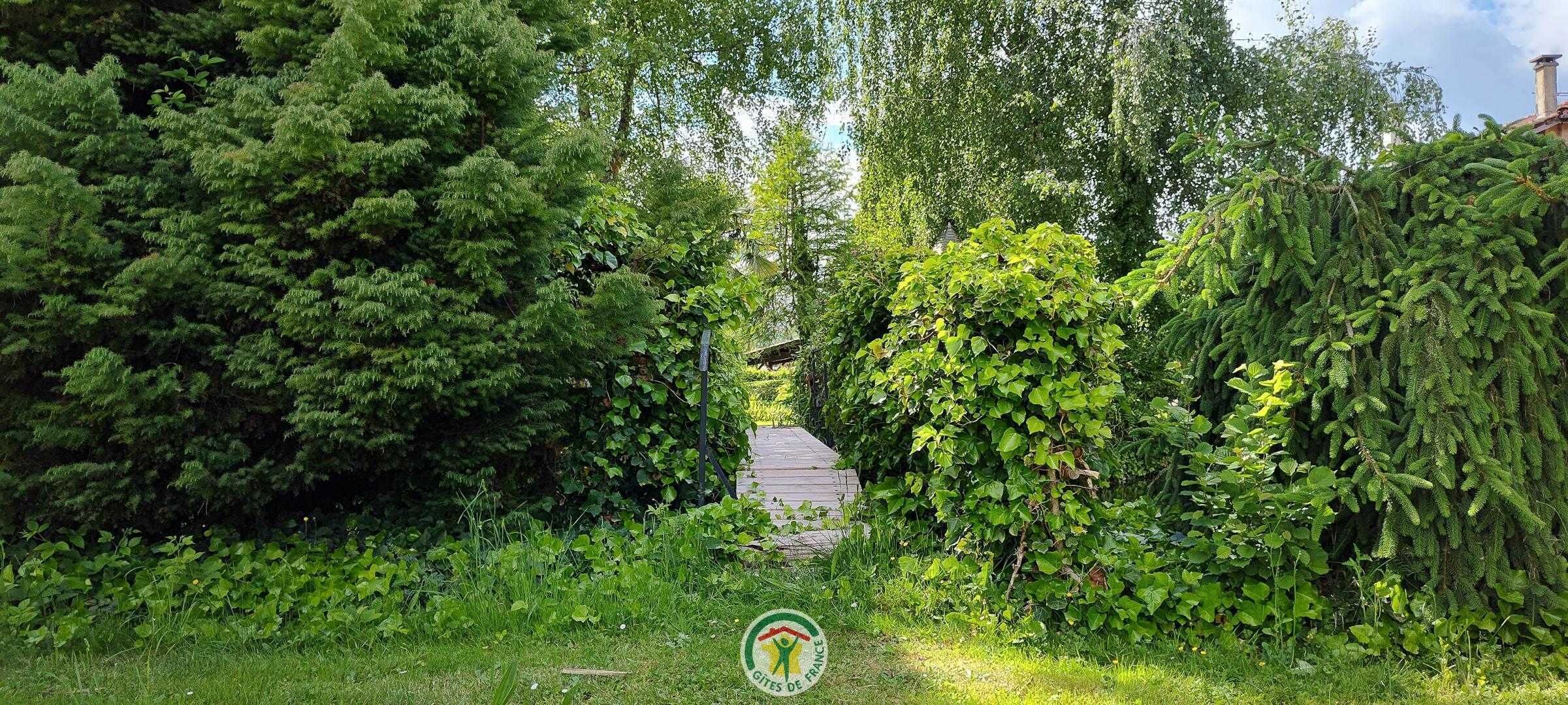A pathway leading through a dense, green landscape with a variety of trees and shrubs.