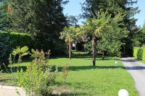 Ein gepflegter Garten mit verschiedenen Bäumen und Sträuchern, einem gepflasterten Weg und blauem Himmel.