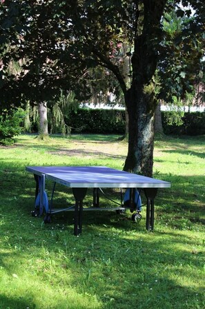 A table tennis table in a grassy area with trees and a hedge in the background. - MY FATHER'S ESTATE - THE BEAUVOISIN BRIDGE (LE PONT DE BEAUVOISIN)